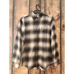 Chaps Mens Medium Black Grey Plaid Flannel Stretch Long Sleeve Button Down Shirt